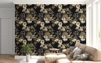 Black Botanical wallpaper with detailed blossoms and layered sepia stems