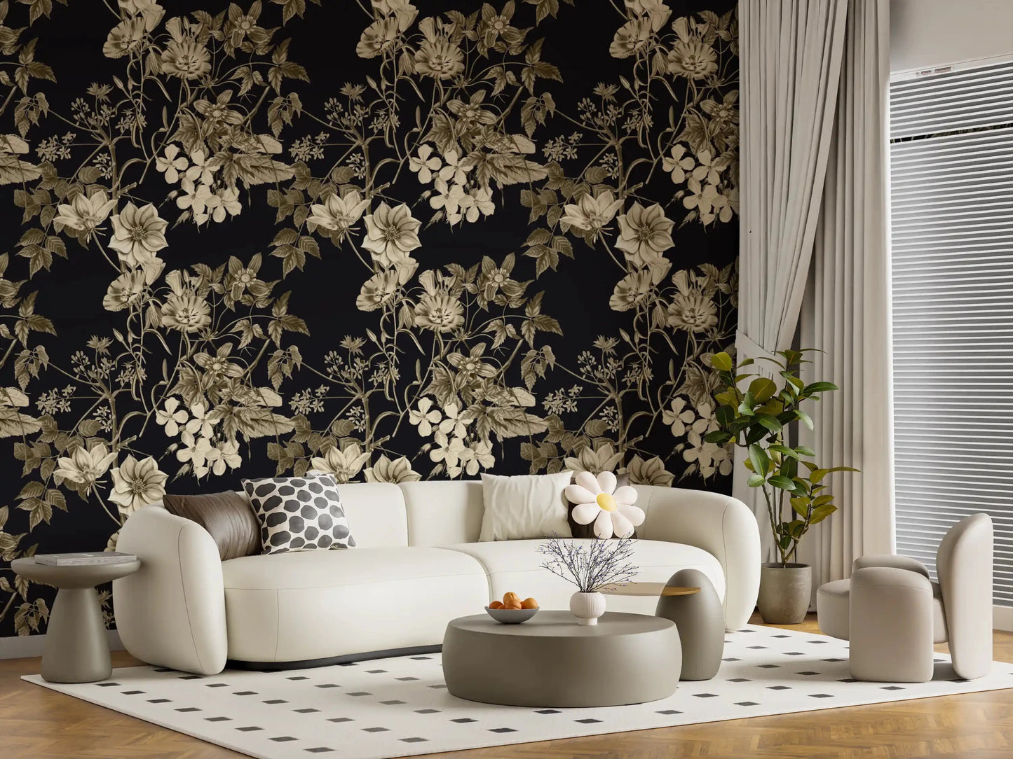 Hallway styled in Botanical Elegance wallpaper with dark vintage blooms