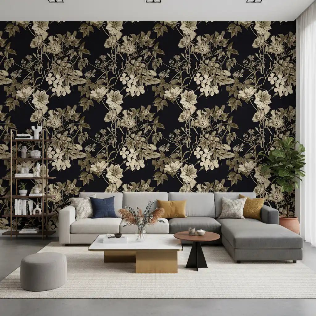 Dark floral wallpaper featuring Botanical Elegance blooms and fine linework