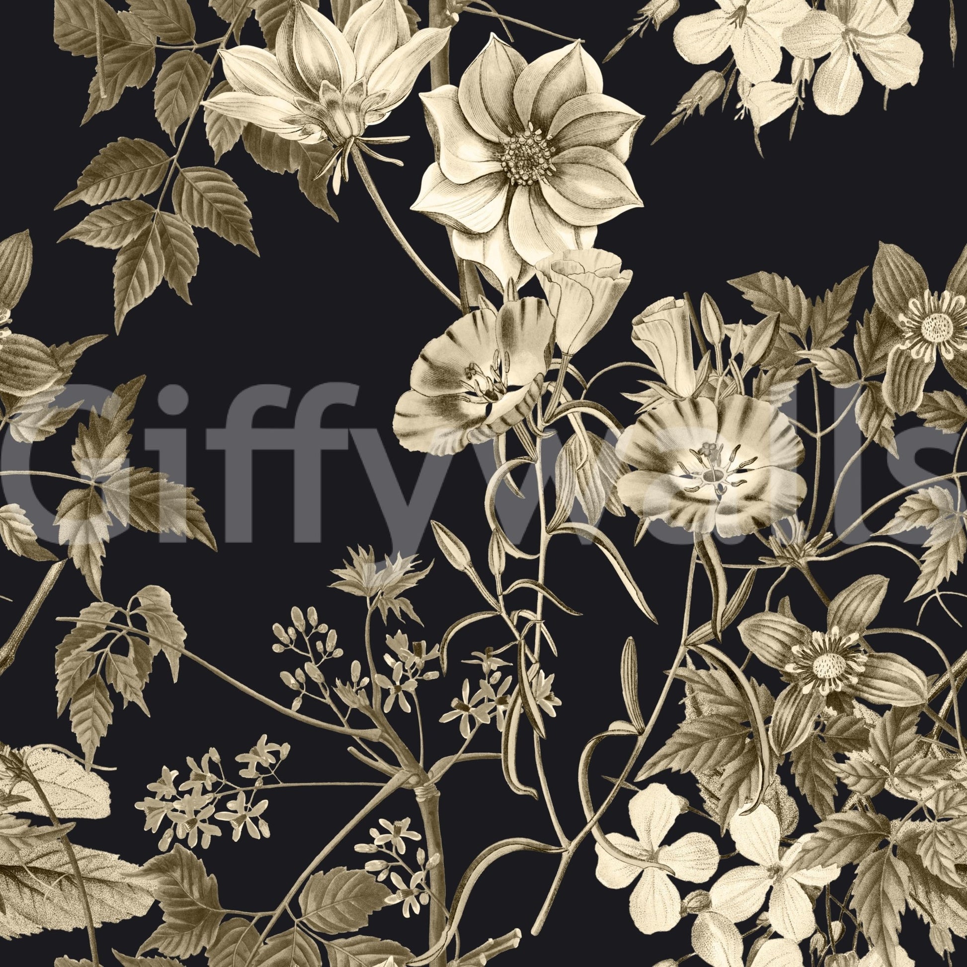 Black Botanical wallpaper in sepia tones with airy stems and classic flowers