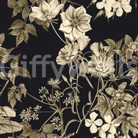Black Botanical wallpaper in sepia tones with airy stems and classic flowers