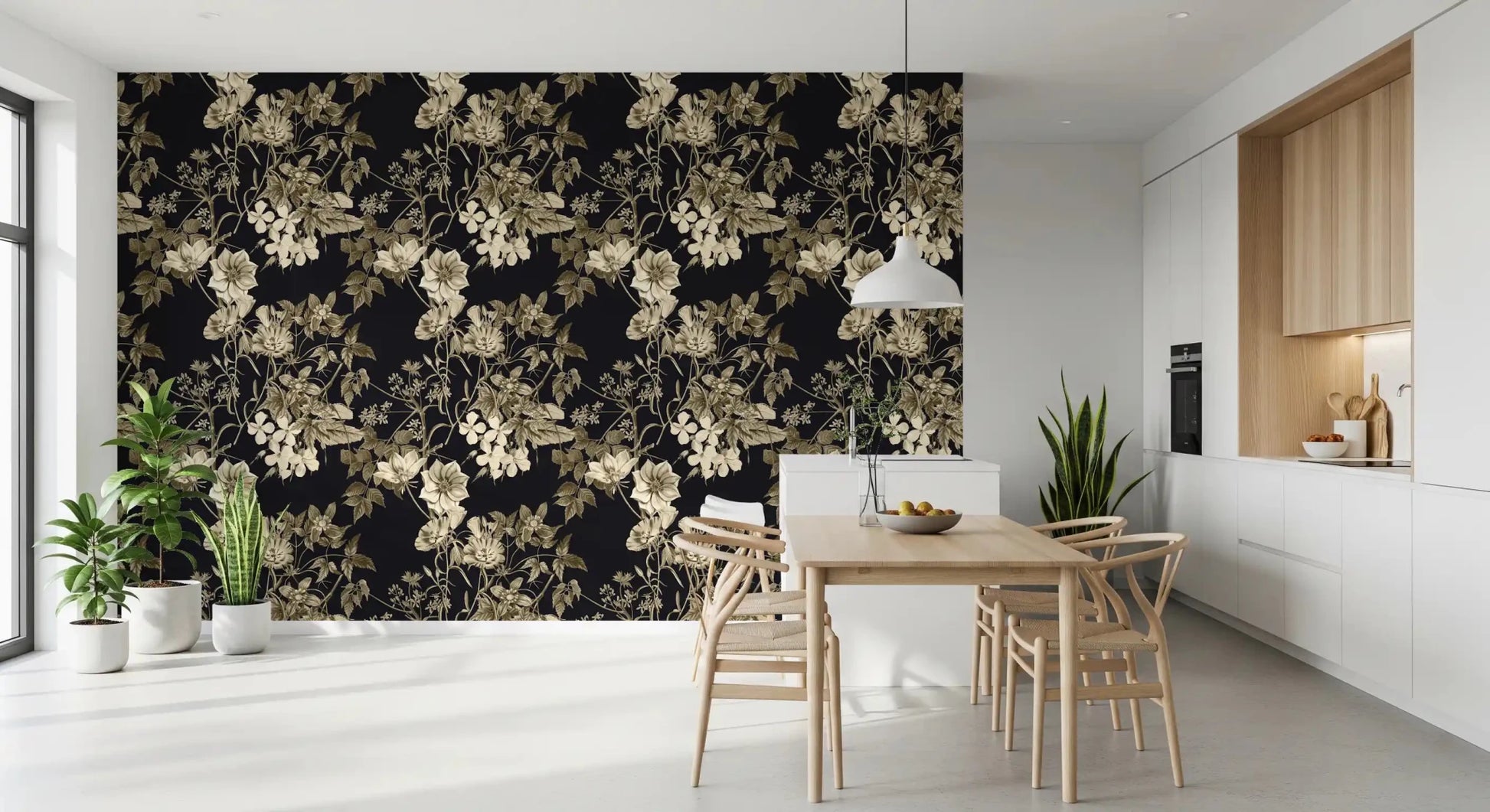 Black Botanical Elegance wallpaper with sepia flowers on a deep black background