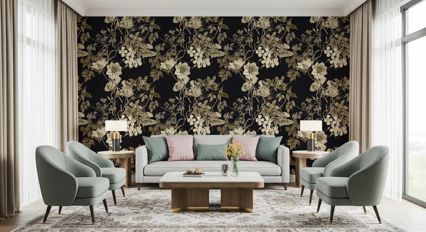 Vintage floral wallpaper with Botanical Elegance pattern on rich black color