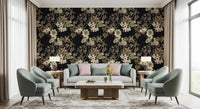 Vintage floral wallpaper with Botanical Elegance pattern on rich black color