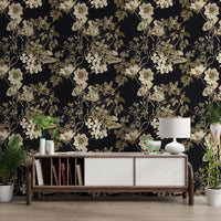 Black Botanical Elegance wallpaper with soft sepia petals and leafy branches