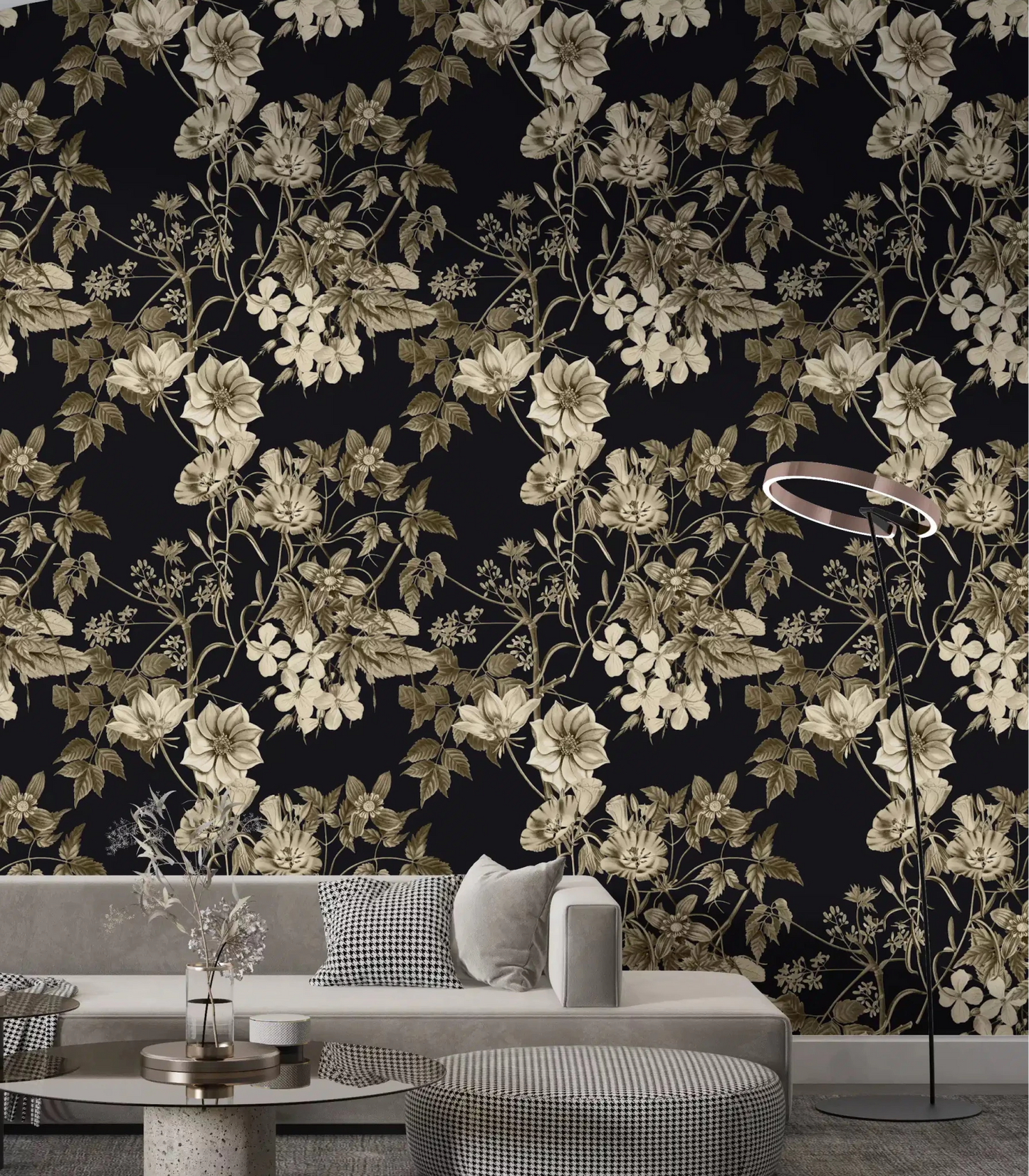 Living room with Black Botanical Elegance wallpaper in sepia floral detail
