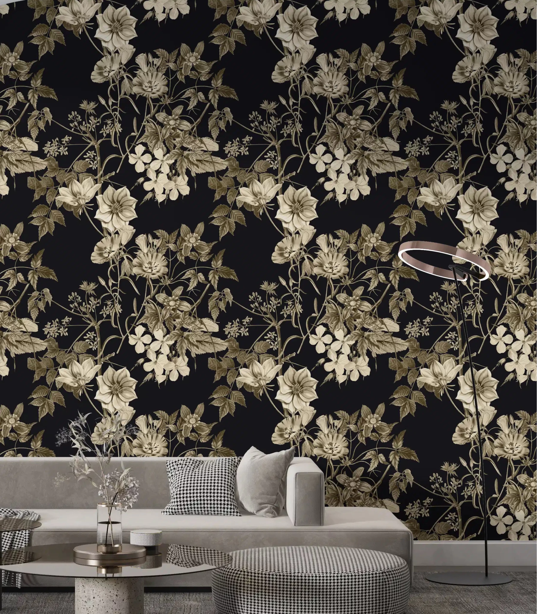 Living room with Black Botanical Elegance wallpaper in sepia floral detail