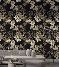 Living room with Black Botanical Elegance wallpaper in sepia floral detail