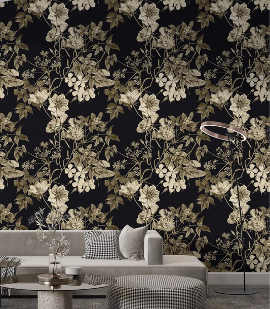 Living room with Black Botanical Elegance wallpaper in sepia floral detail