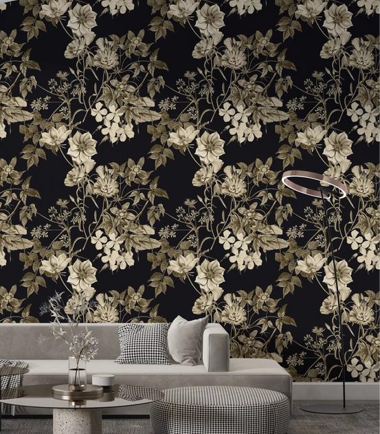 Living room with Black Botanical Elegance wallpaper in sepia floral detail, GD9372