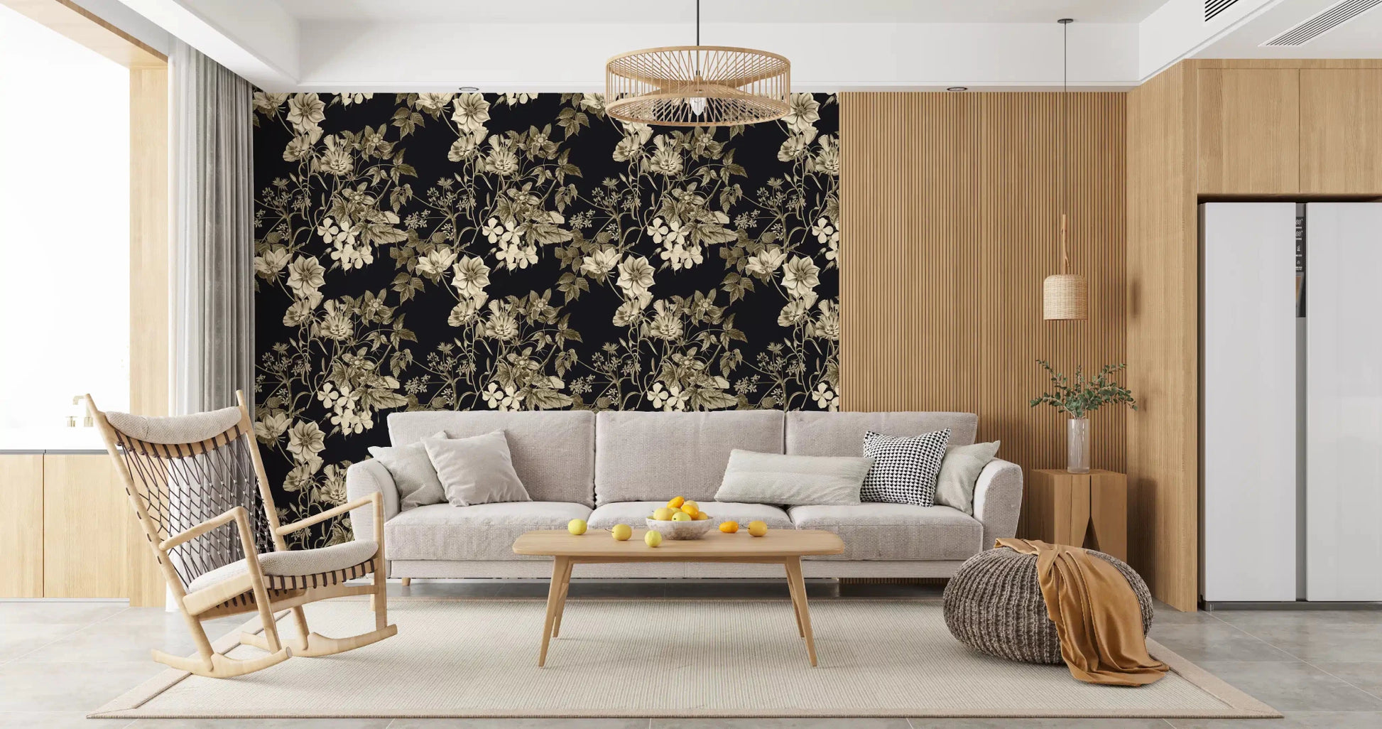 Living room wall with Black Botanical Elegance wallpaper in classic sepia tones