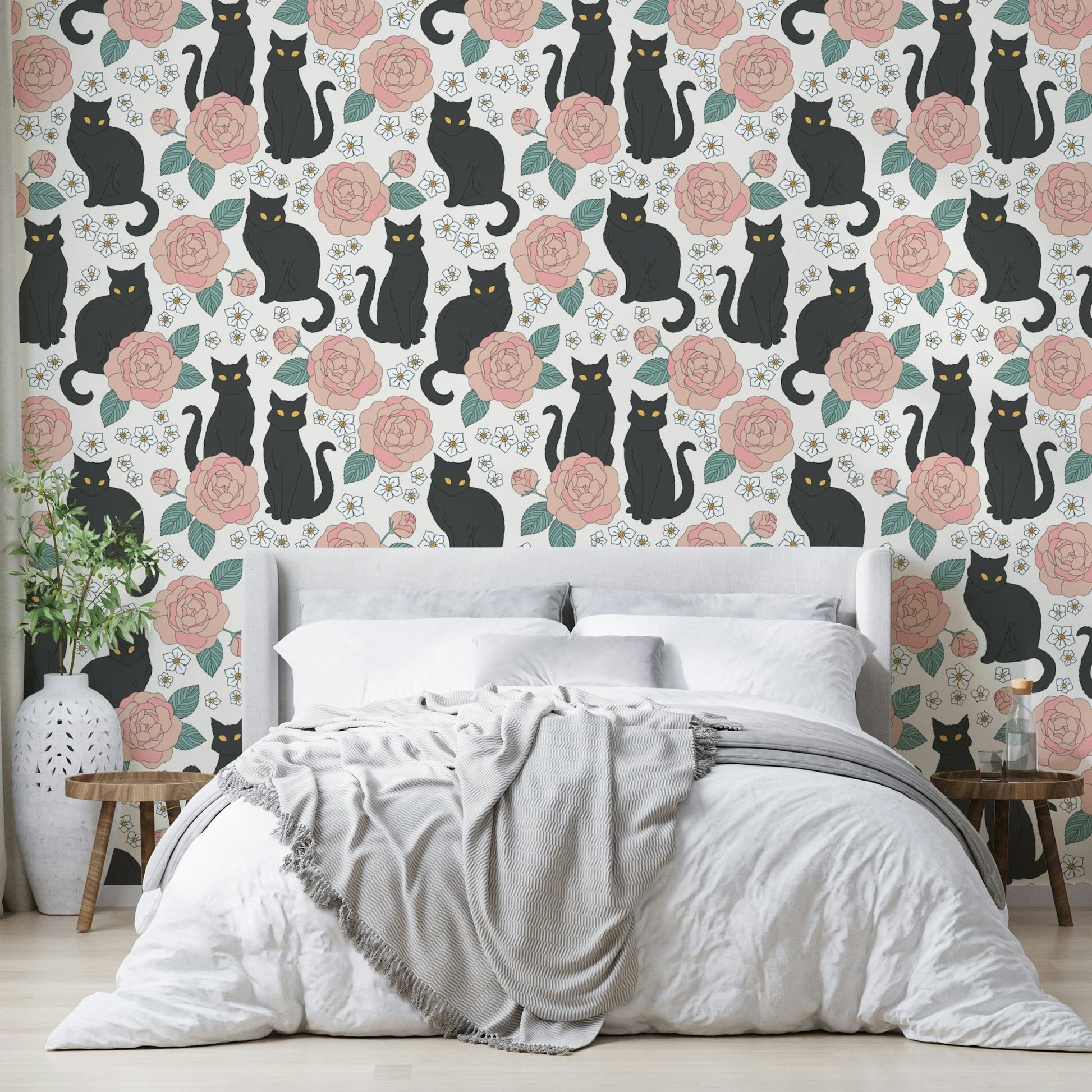 Picture of Black Cats & Blooms Wallpaper
