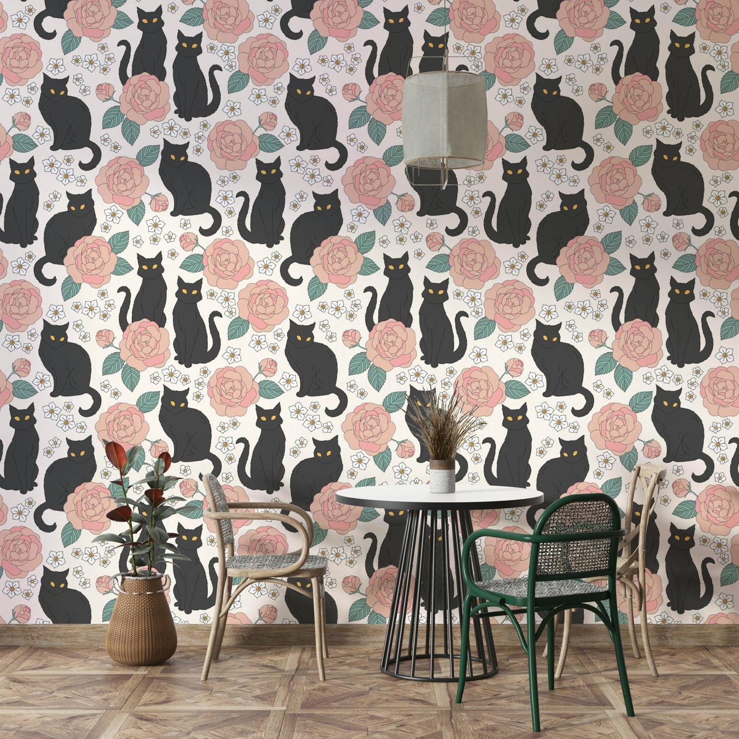 Botanical bloom with cats mural
