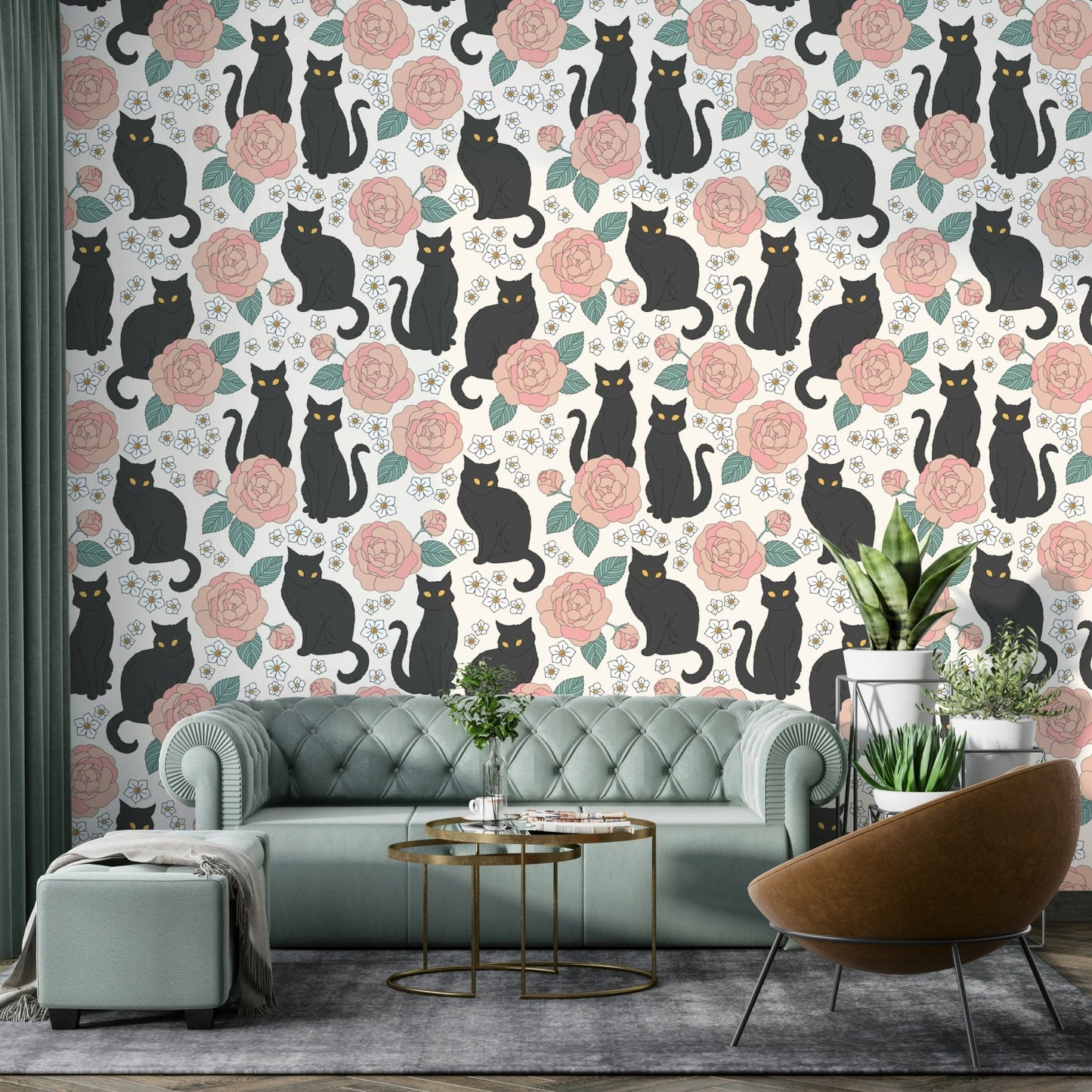 Black cat and floral pattern
