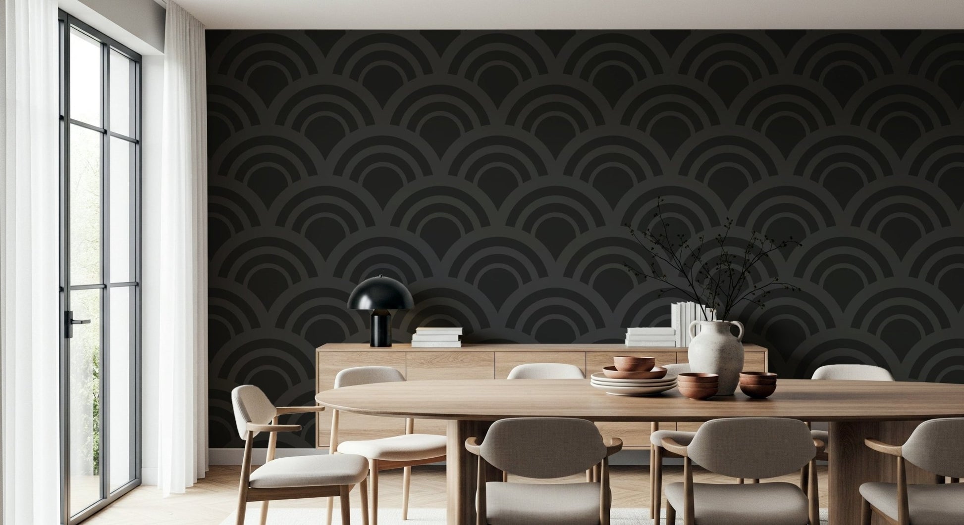 Sophisticated apartment decor with the Black Charcoal Waves Wall Mural.
