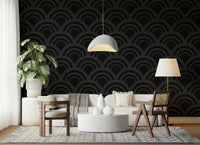 Black Charcoal Waves Wall Mural accent wall in a modern bedroom.