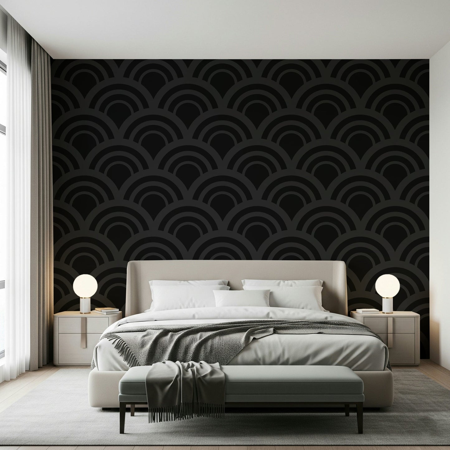 Contemporary office featuring the striking Black Charcoal Waves Wall Mural.