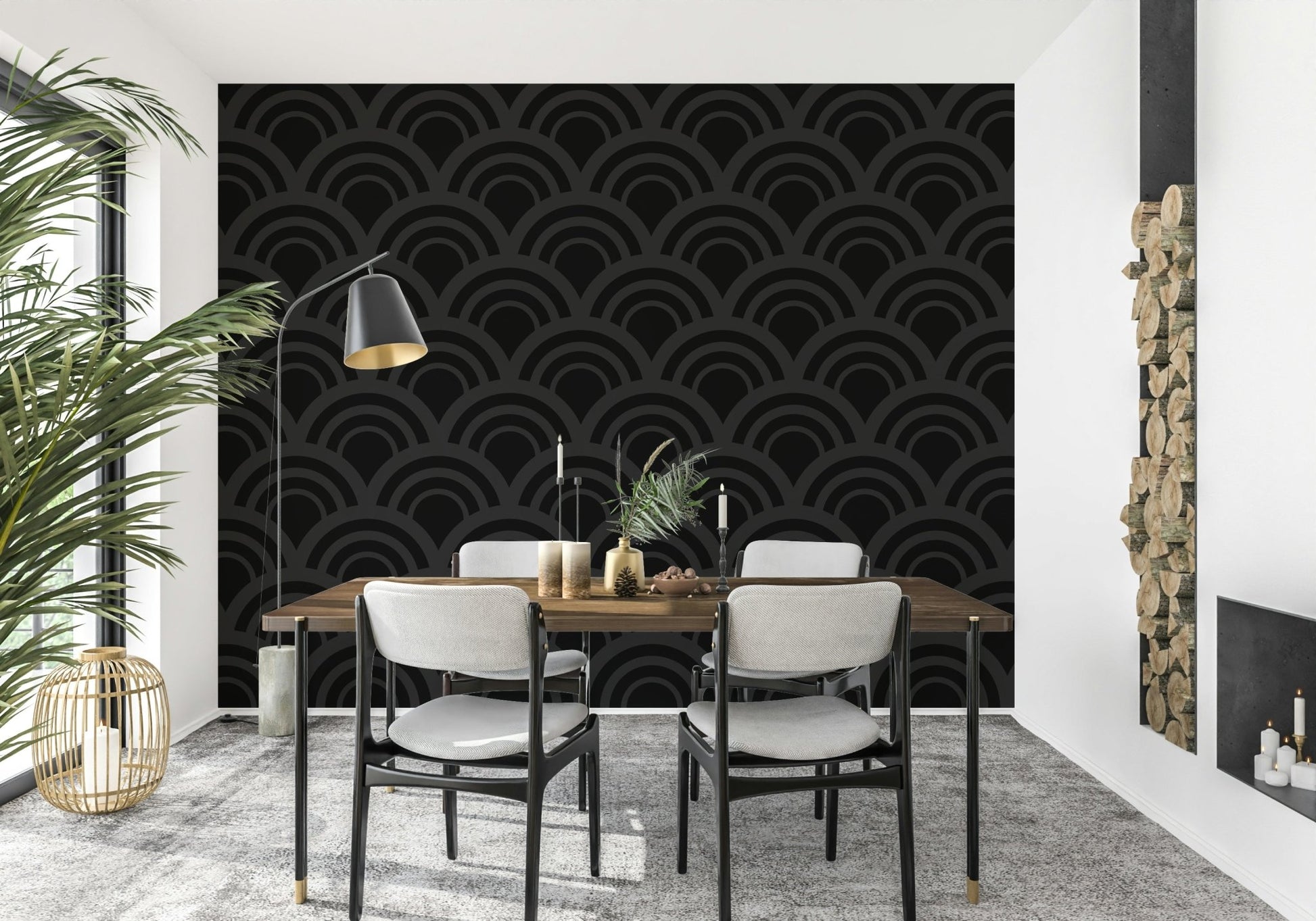 Black Charcoal Waves Wall Mural adding movement to a dining space.