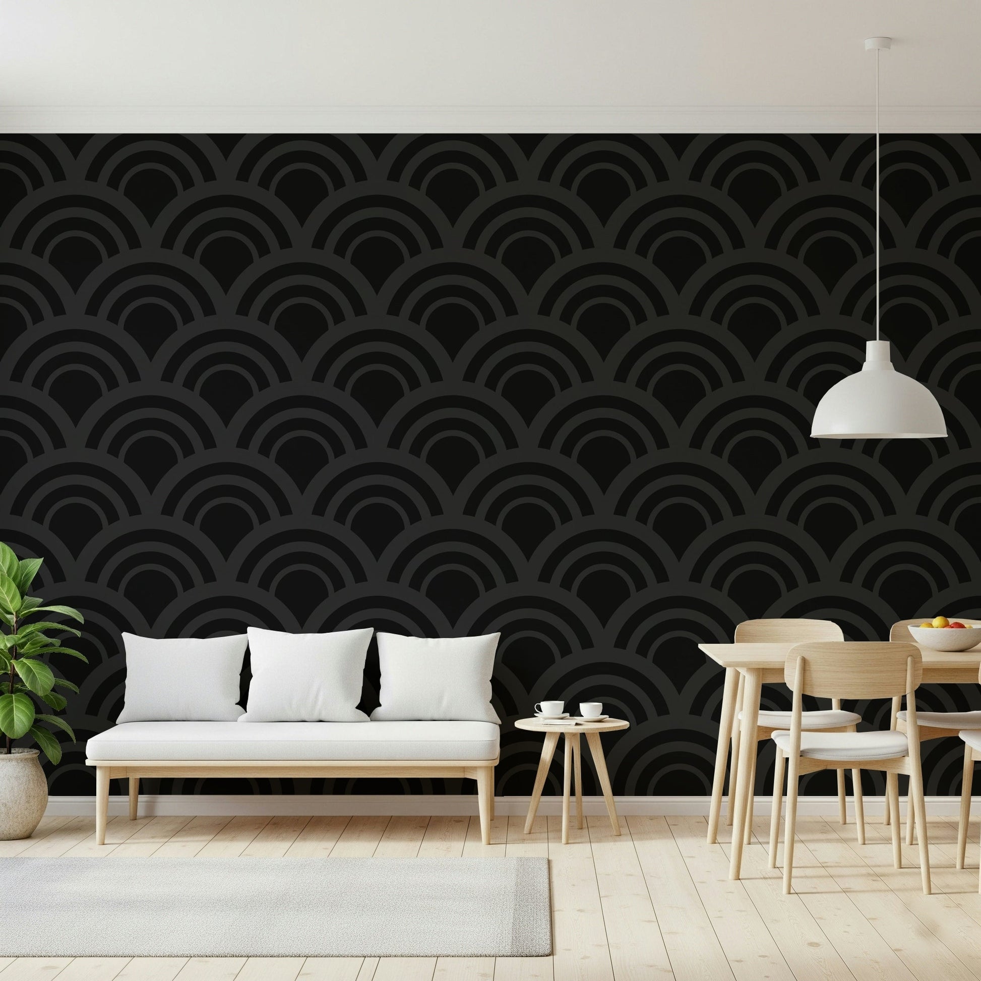 Dark feature wall design using the Black Charcoal Waves Wall Mural.