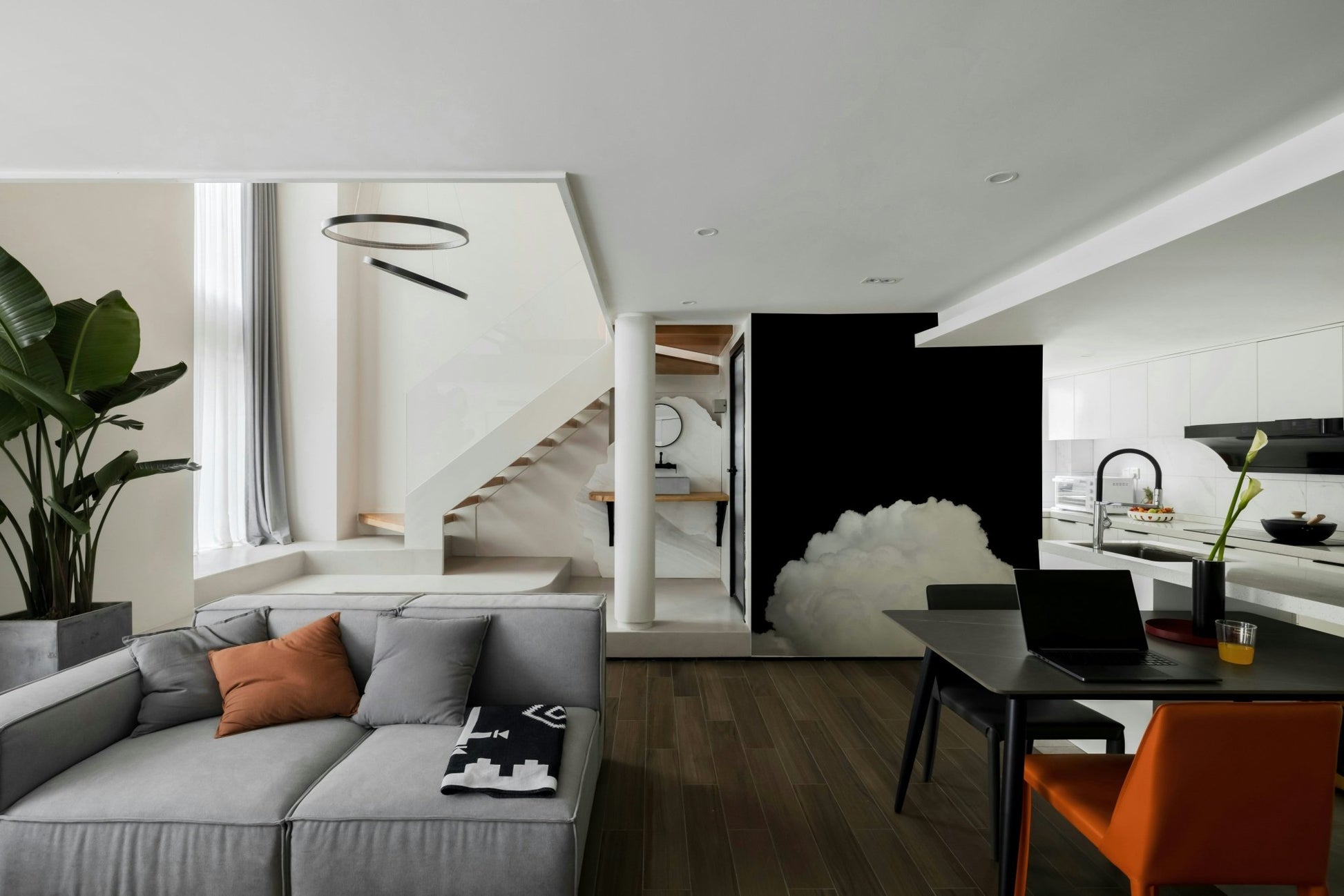 Grayscale cloud mass sits low under wide black in this Black Clouds II wall mural GD4844

