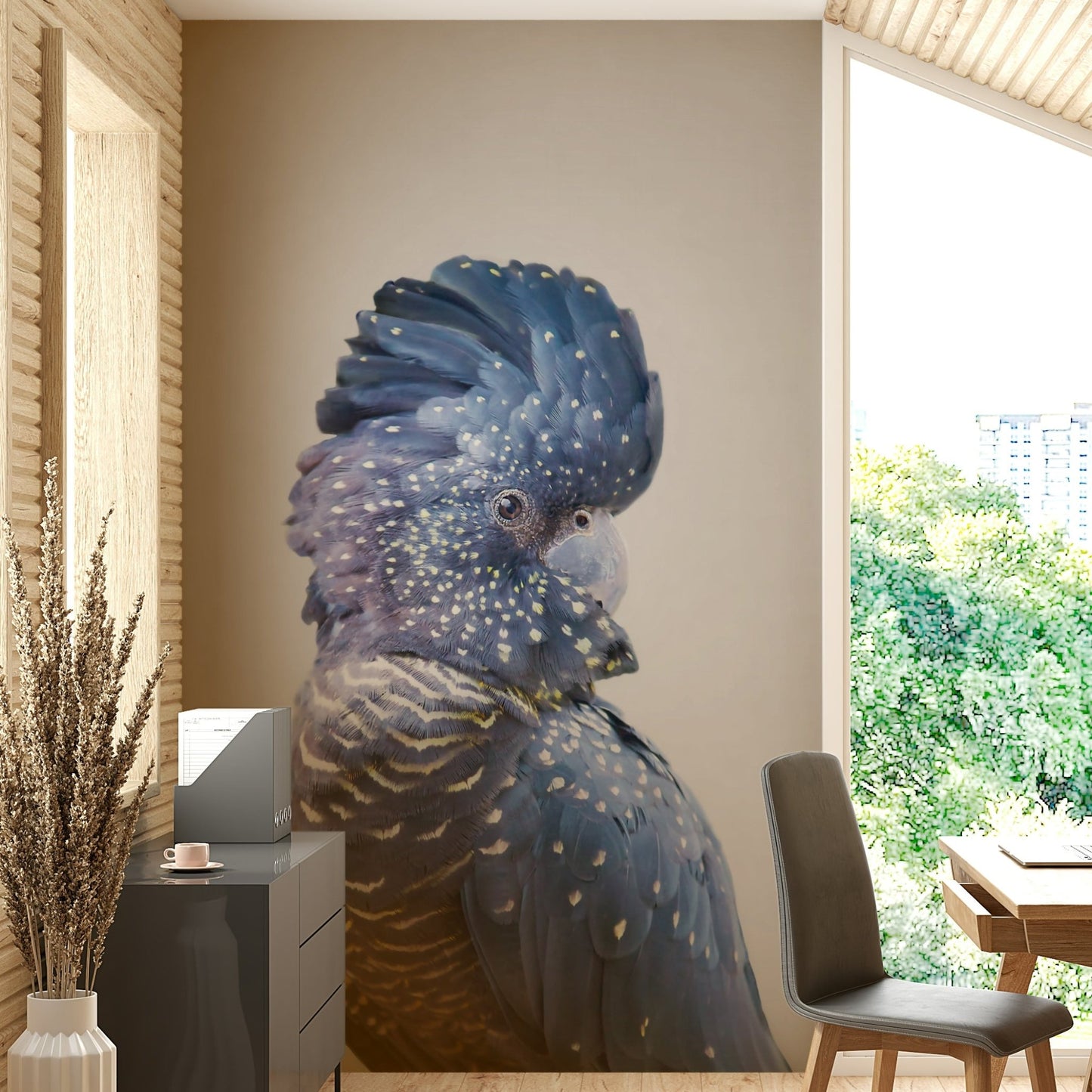 Moody tropical mural with black cockatoo and leaves

