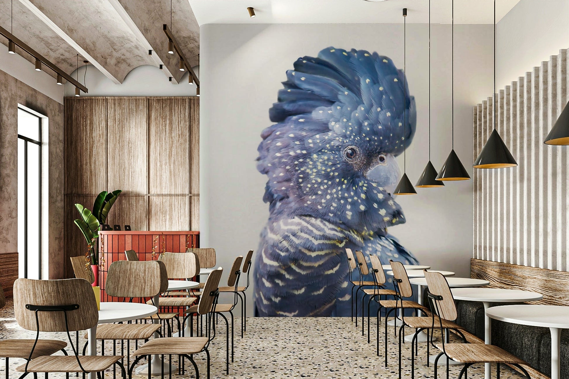 Jungle-themed wall art featuring black cockatoo bird

