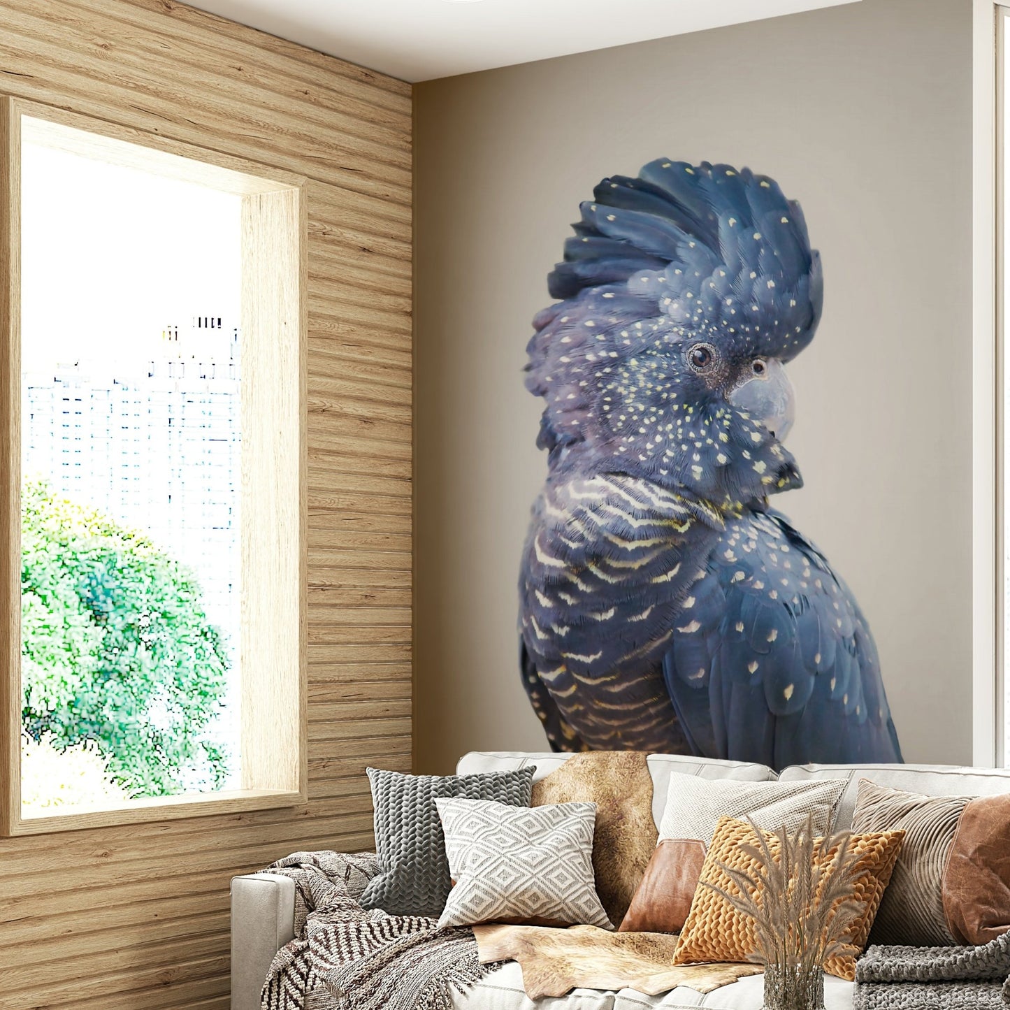 Detailed black cockatoo perched in jungle mural

