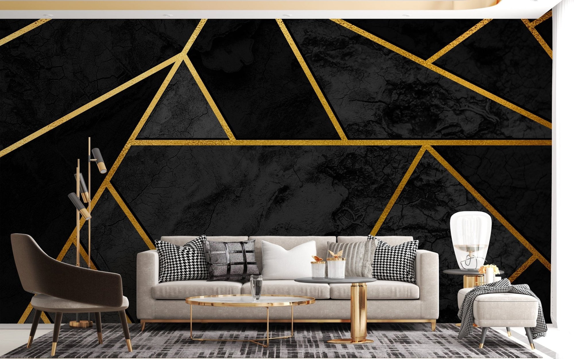 Bold black and gold 3D geometric wallpaper A228
