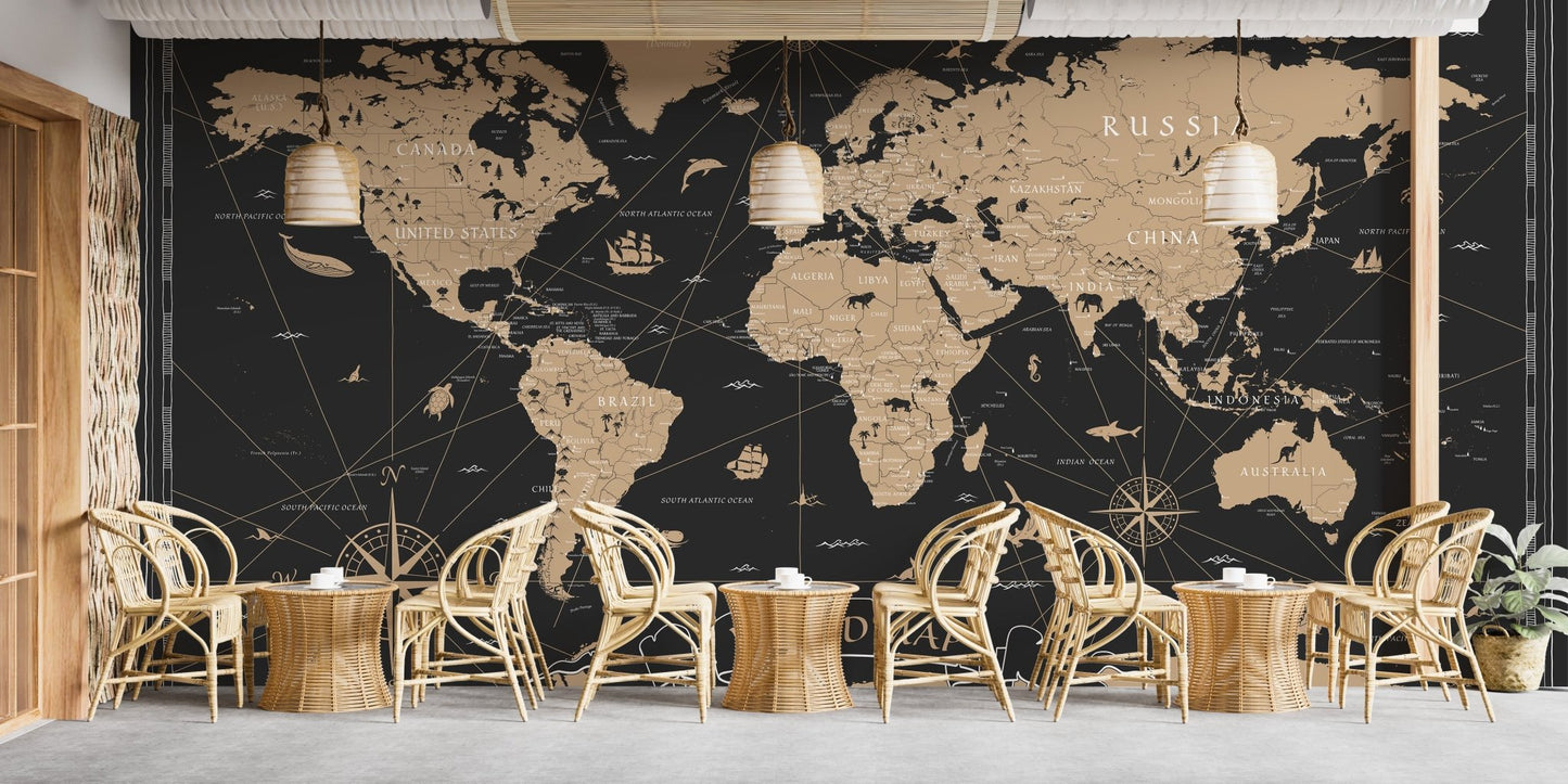 Black and gold map mural with vintage flair B109
