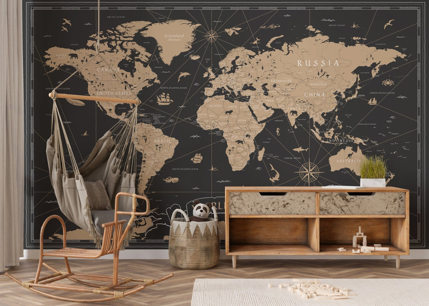 Vintage Black Golden World Map Wallpaper Murals - Giffywalls B109