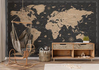 Vintage Black Golden World Map Wallpaper Murals - Giffywalls B109