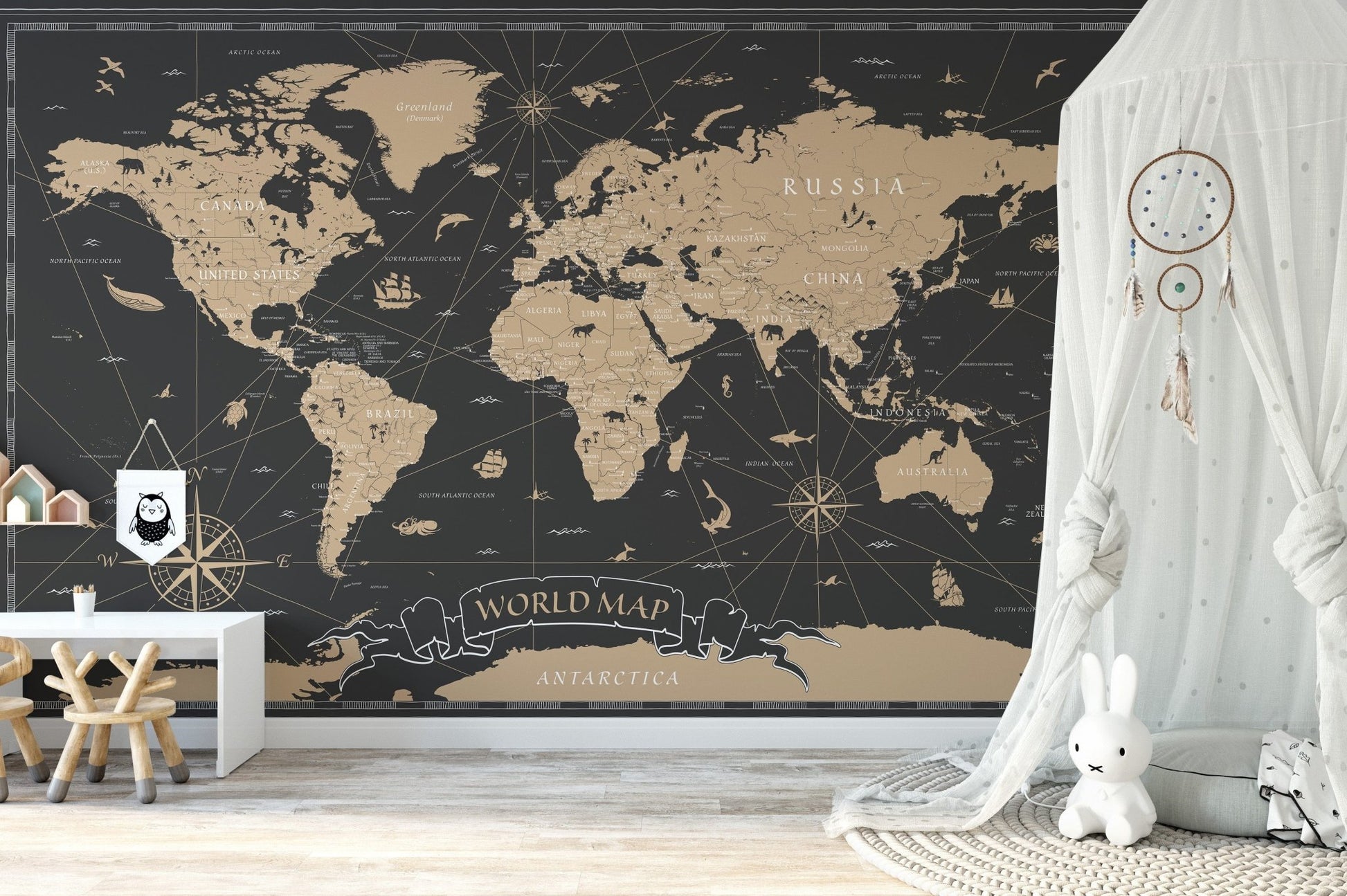 Vintage Black Golden World Map Wallpaper Murals - Giffywalls B109