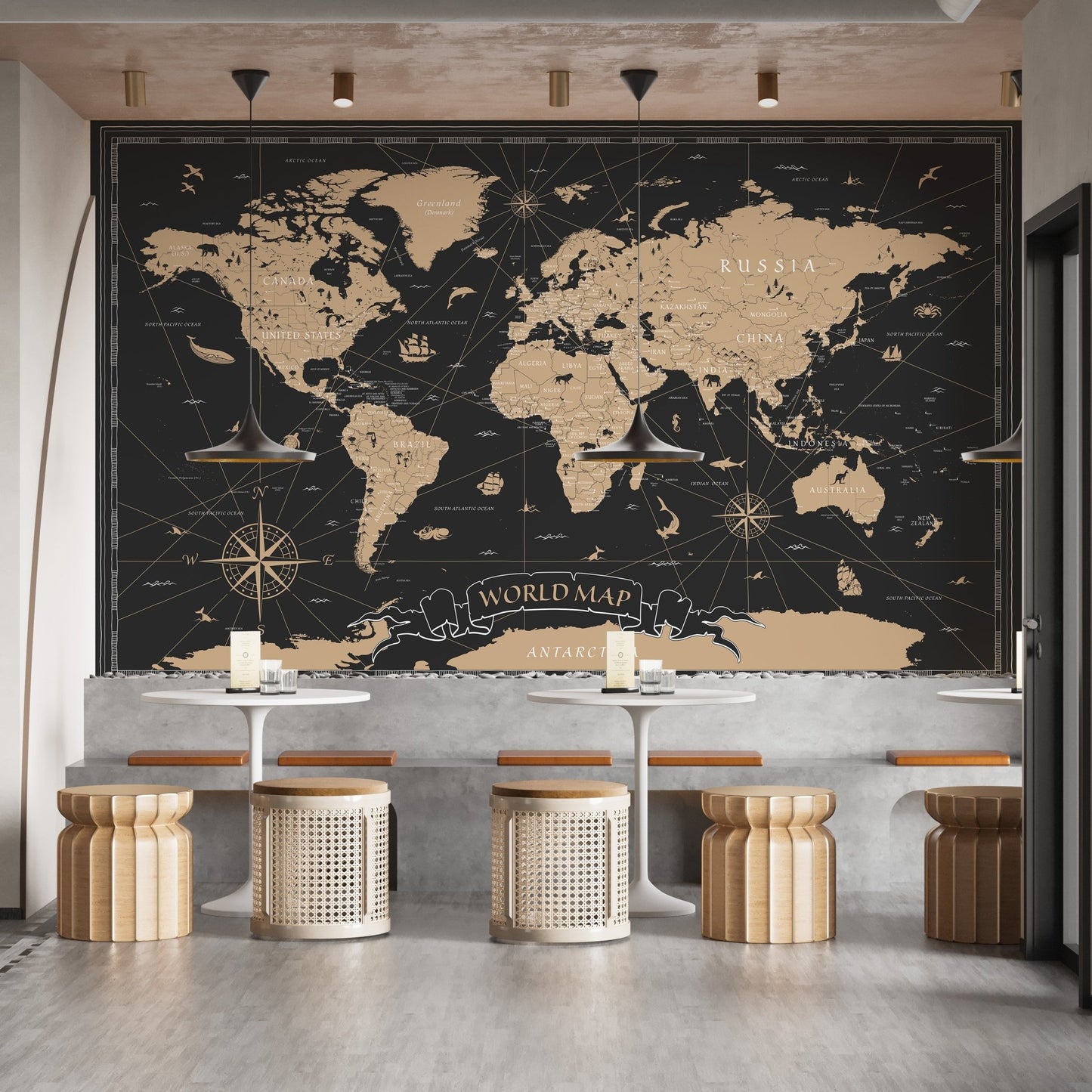 Luxurious black wallpaper with gold map design B109
