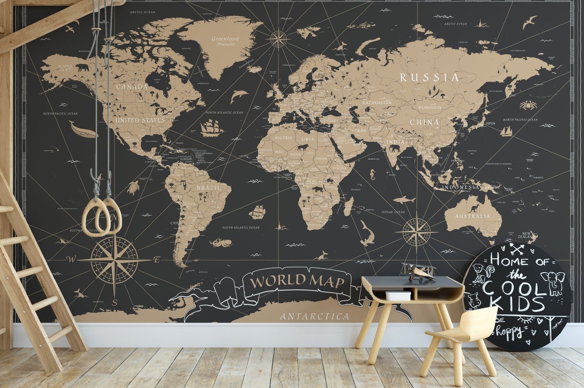 Stylish world map mural in black tones
 B109