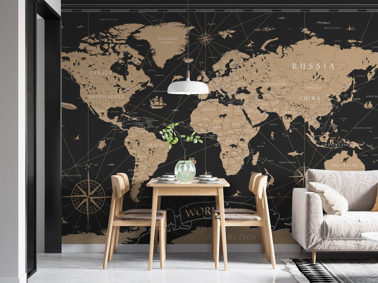 Classic world map wallpaper in gold tones
