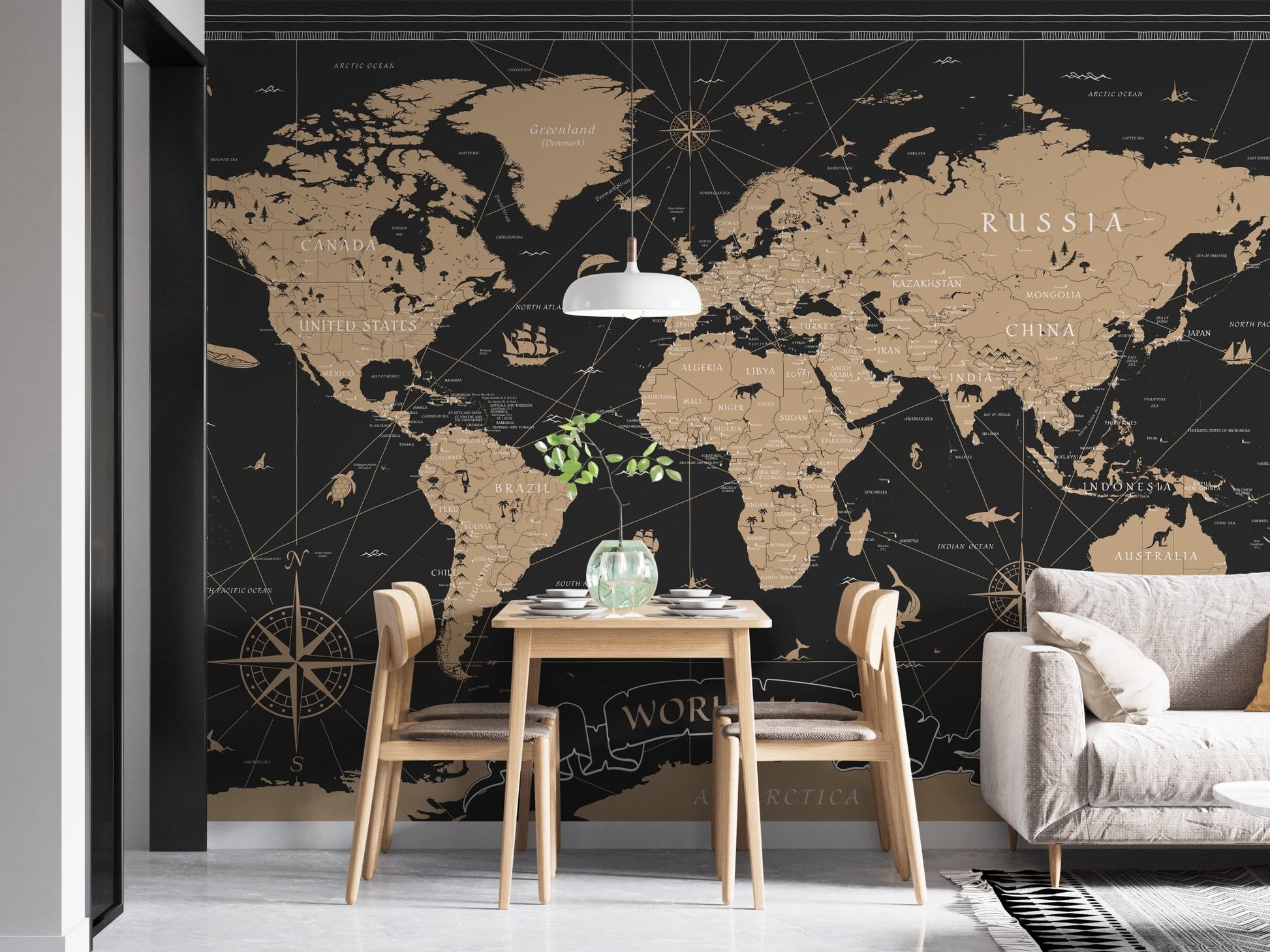 Classic world map wallpaper in gold tones B109
