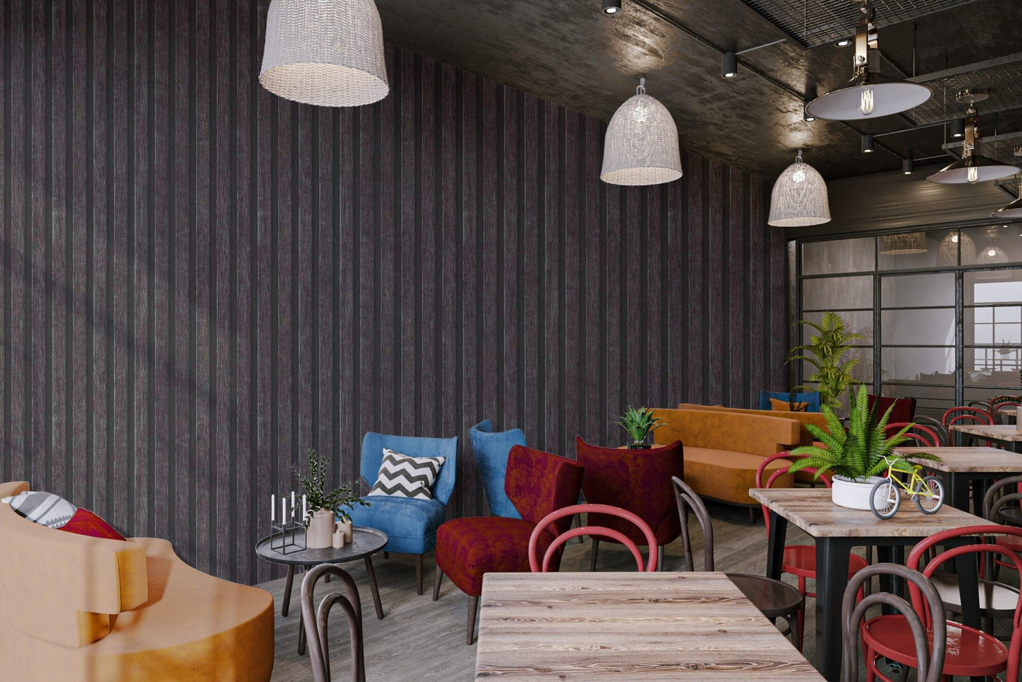 Dark Wood Panel Striped Wallpaper
