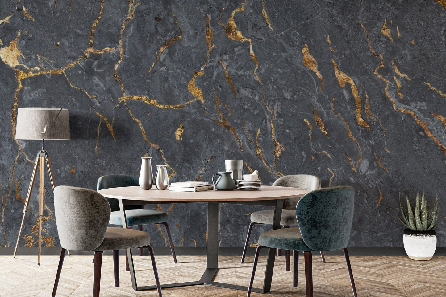 Black marble mural with golden streaks marble-04
