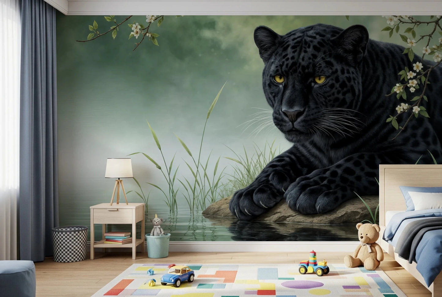 Bedroom with Black Panther Calm Wall Mural and a calm panther backdrop