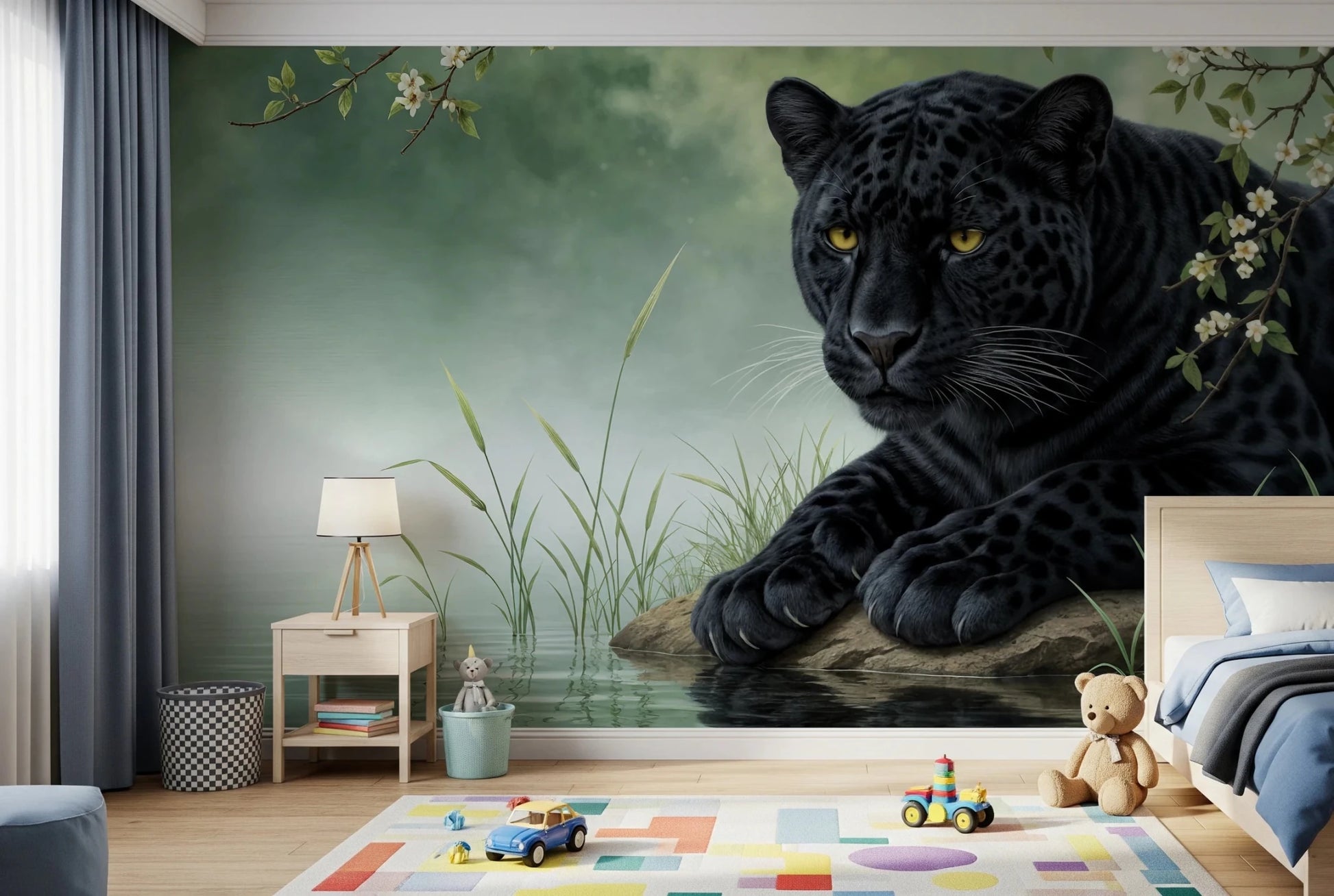 Bedroom with Black Panther Calm Wall Mural and a calm panther backdrop