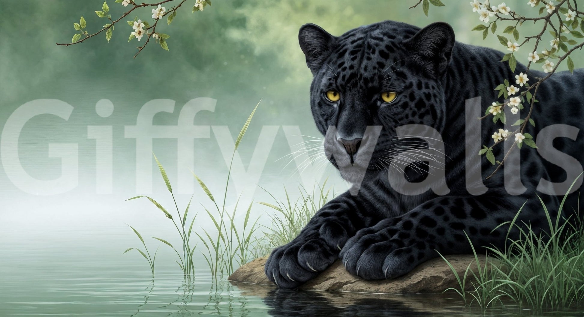 Misty waterside scene in Black Panther Calm Wall Mural with reeds and blossom branches