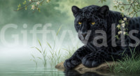 Misty waterside scene in Black Panther Calm Wall Mural with reeds and blossom branches