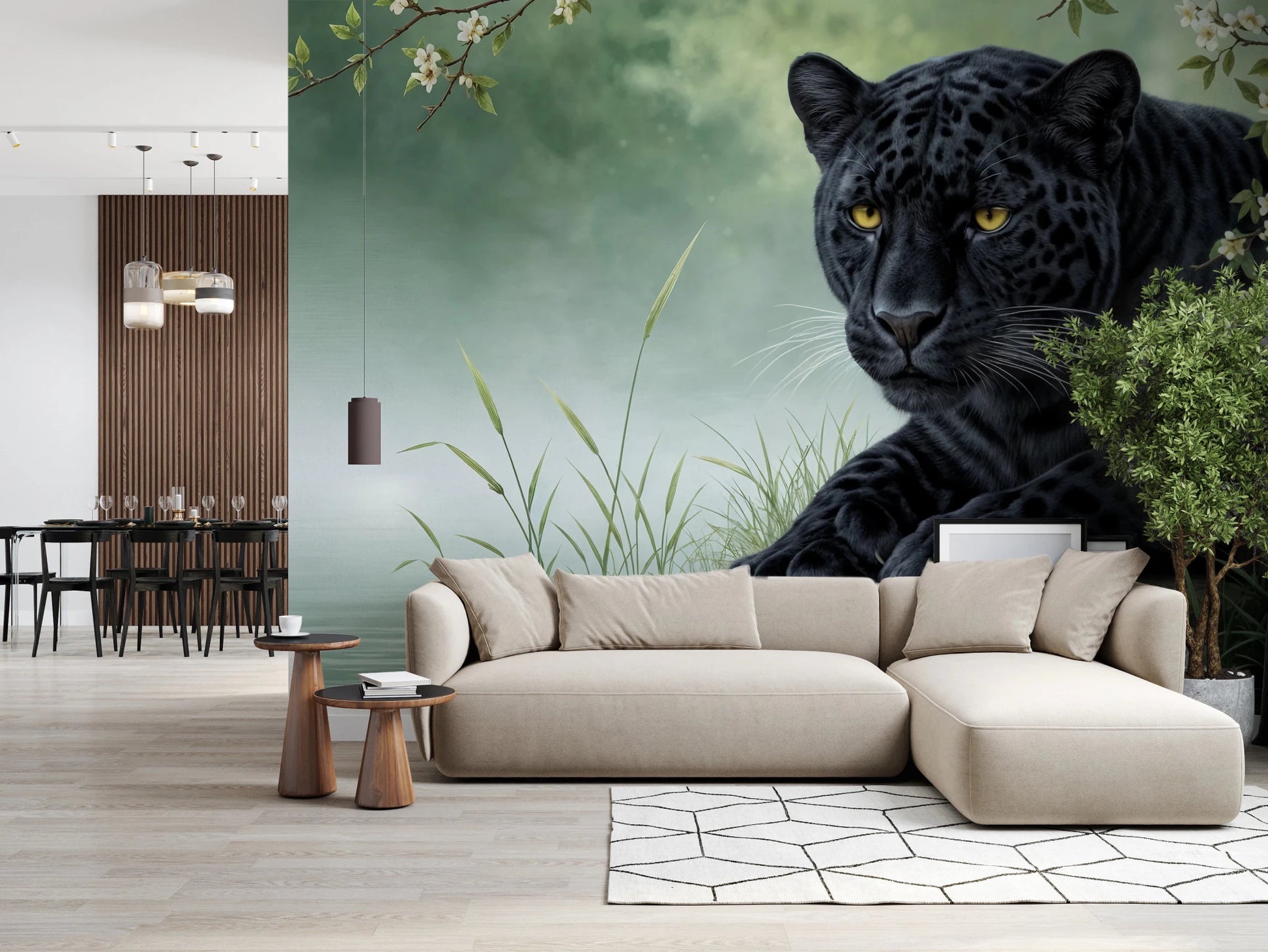 Sitting area with Black Panther Calm Wall Mural and a bright lounge setup