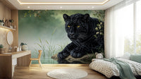 Bedroom with Black Panther Calm Wall Mural and a soft bed beneath the mural