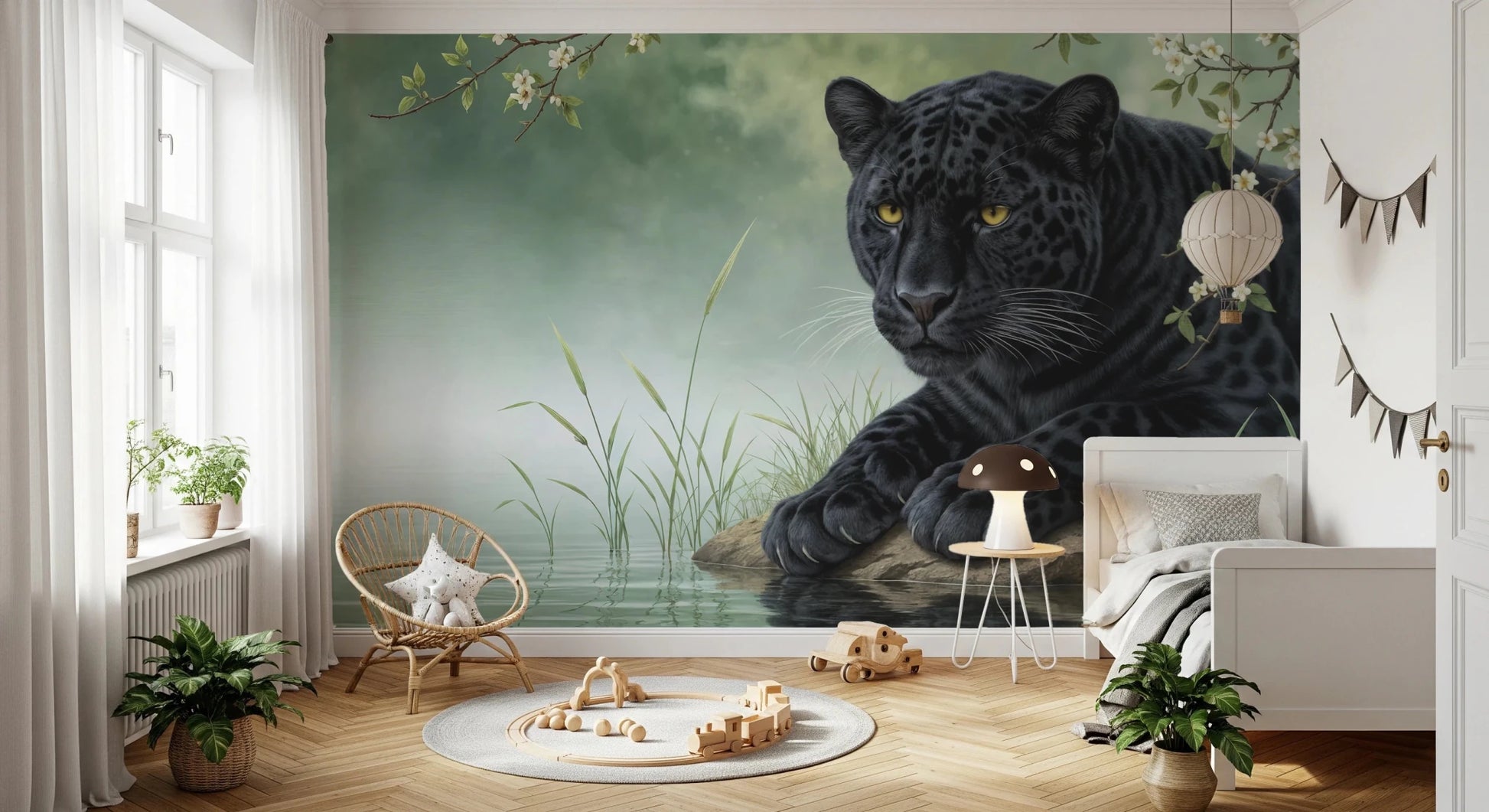 Kids room with Black Panther Calm Wall Mural and a wooden desk by the wall