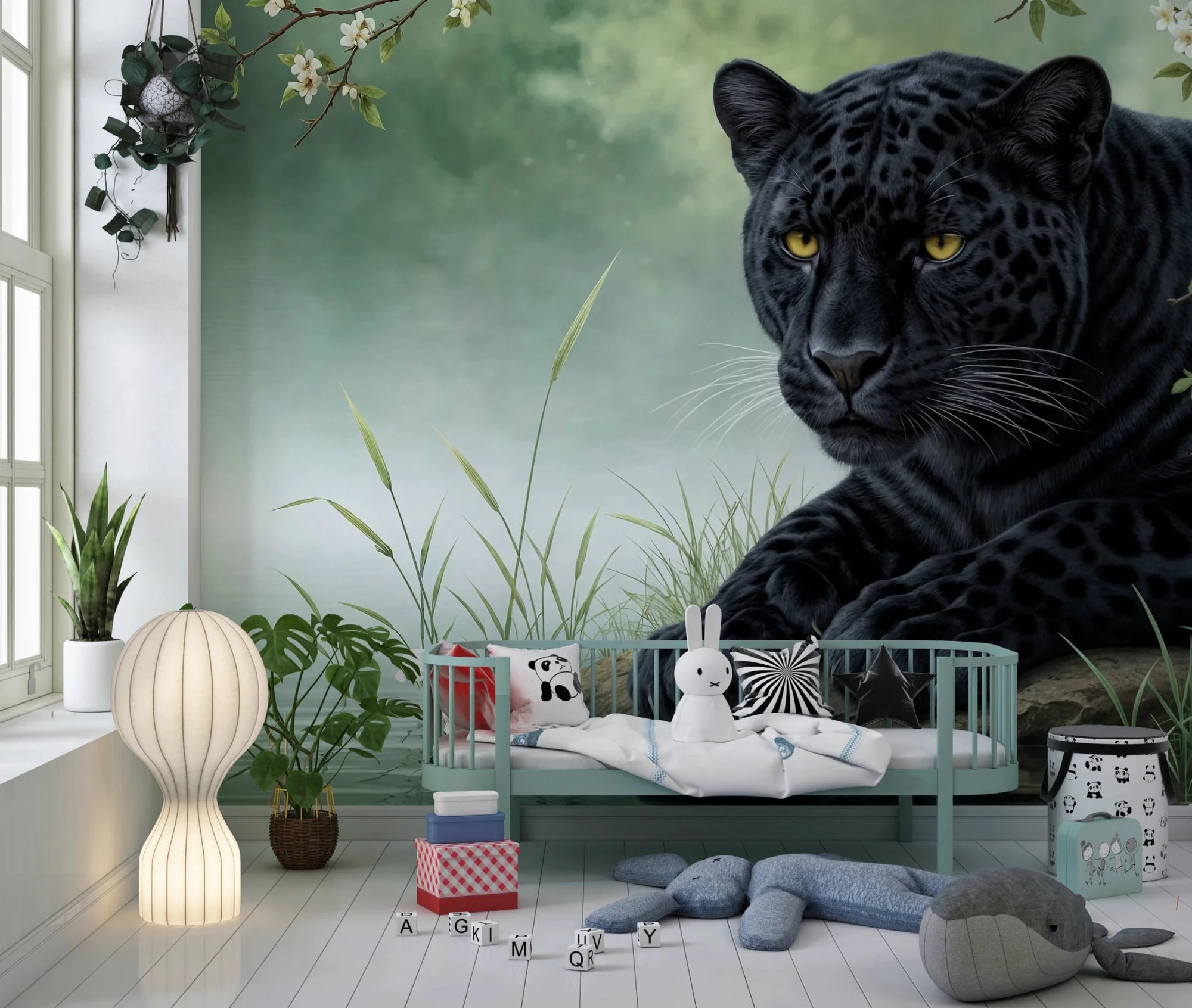 Nursery area with Black Panther Calm Wall Mural and a glass sink counter, GD8881