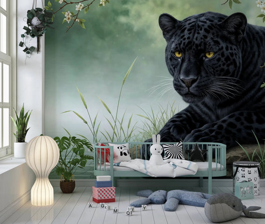 Nursery area with Black Panther Calm Wall Mural and a glass sink counter