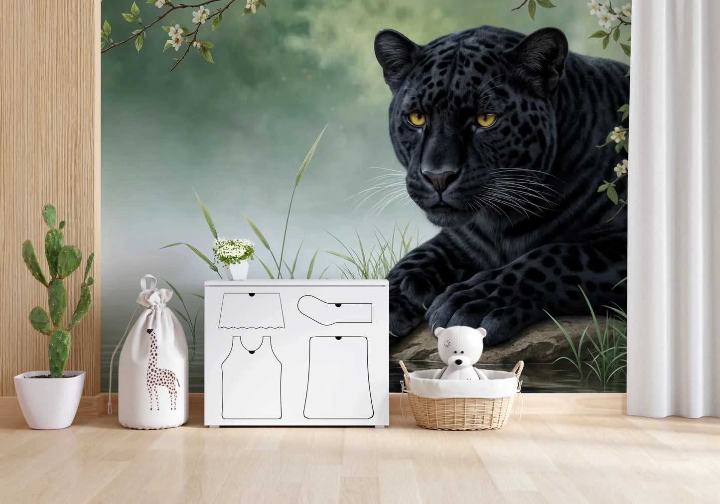 Console nook with Black Panther Calm Wall Mural and soft botanical styling