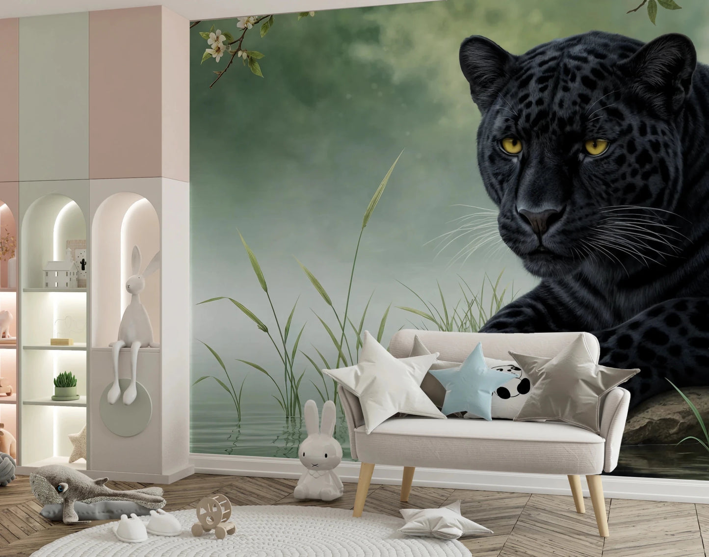 Nursery with Black Panther Calm Wall Mural and a soft green jungle backdrop