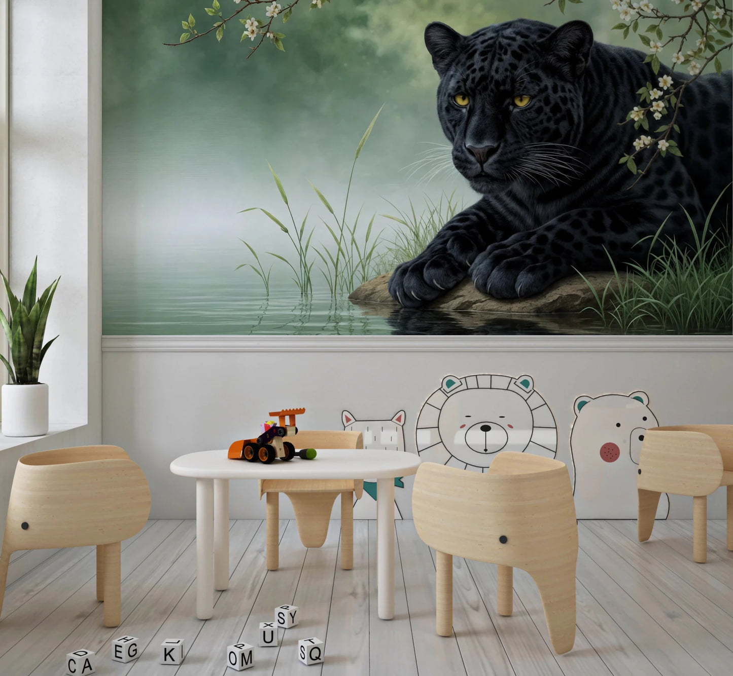 Playroom  with Black Panther Calm Wall Mural and a calm jungle scene